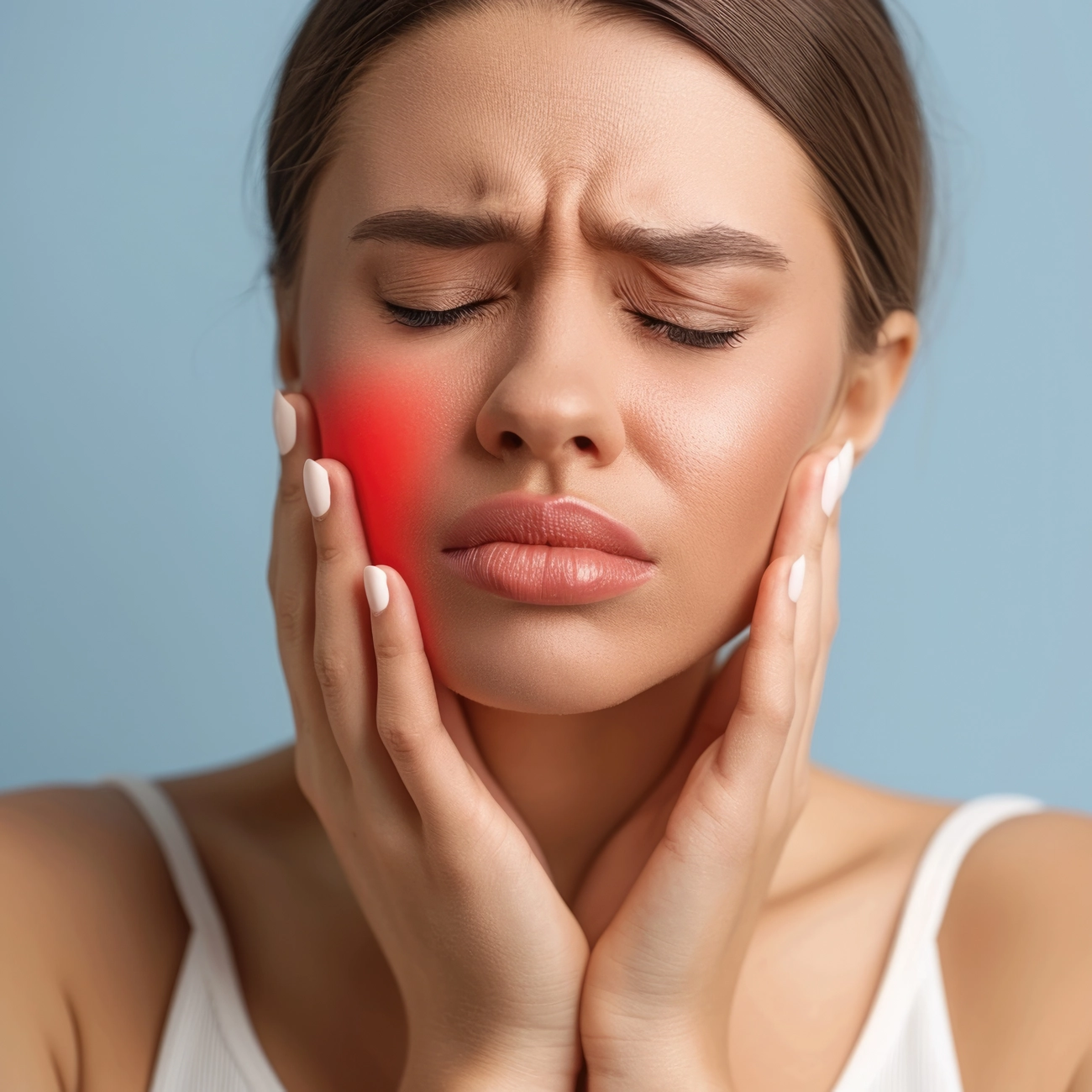 EQ Smile - Zahnarztpraxis - Eine Frau hält sich die Wange, während sie unter Zahnschmerzen leidet