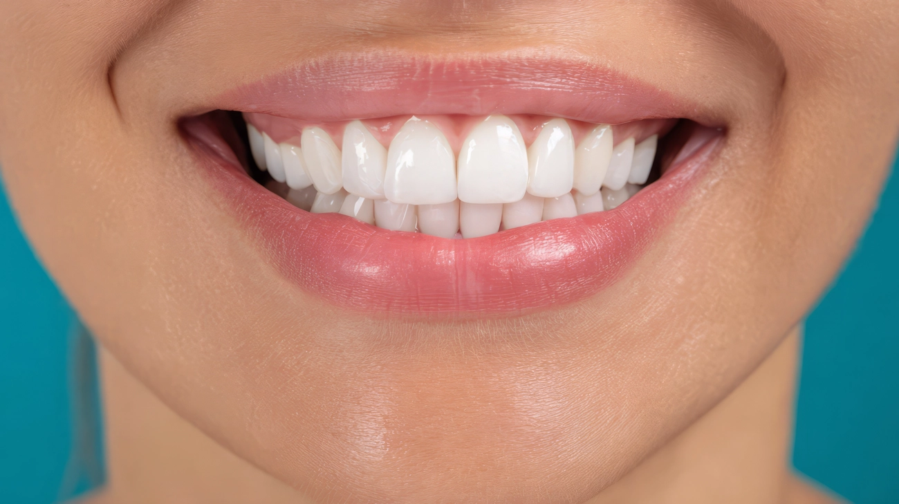 EQ Smile - Zahnarztpraxis - Eine Nahaufnahme strahlend weißer Zähne mit einem natürlichen Lächeln, das die Zahnhygiene hervorhebt.