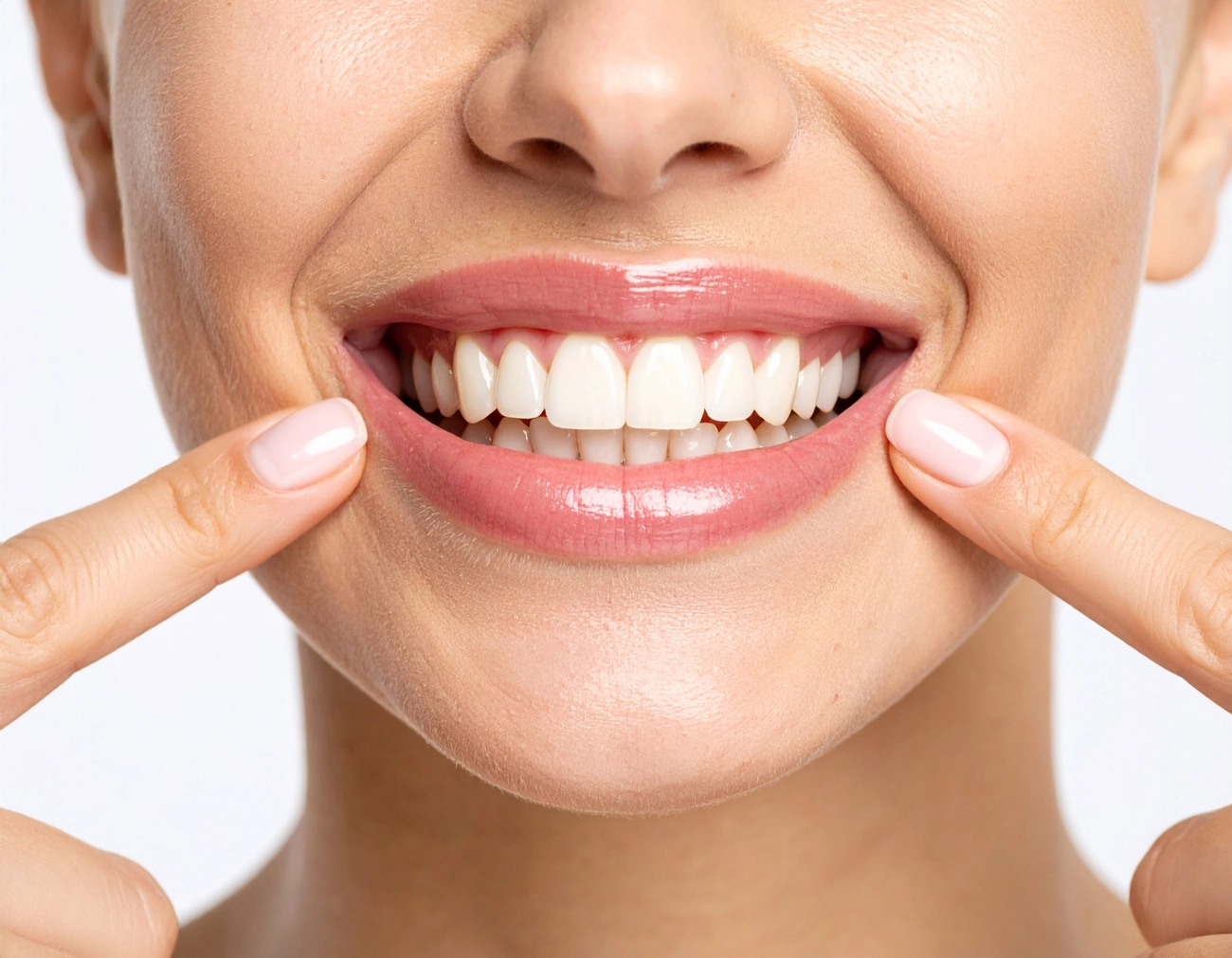 EQ Smile - Zahnarztpraxis - Nahaufnahme einer Frau mit gesunden weißen Zähnen und strahlendem Lächeln.